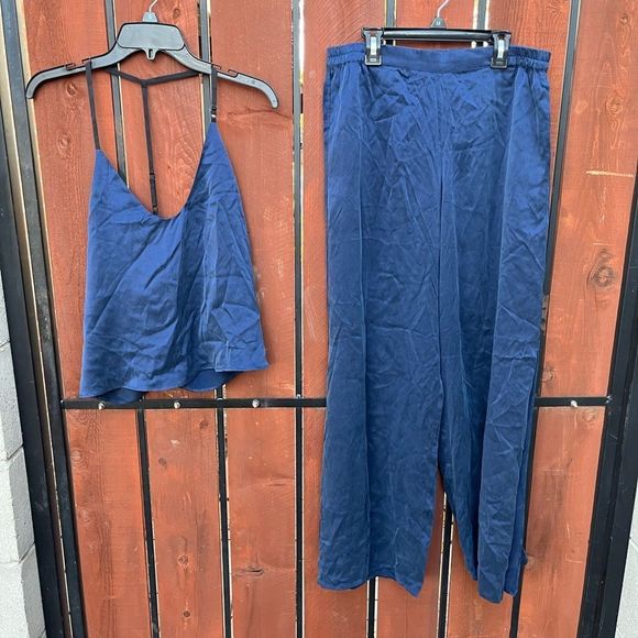 Lunya Washable Silk Cami & Pants Set Sz L Deep Blue T-back Strap - Picture 2 of 8